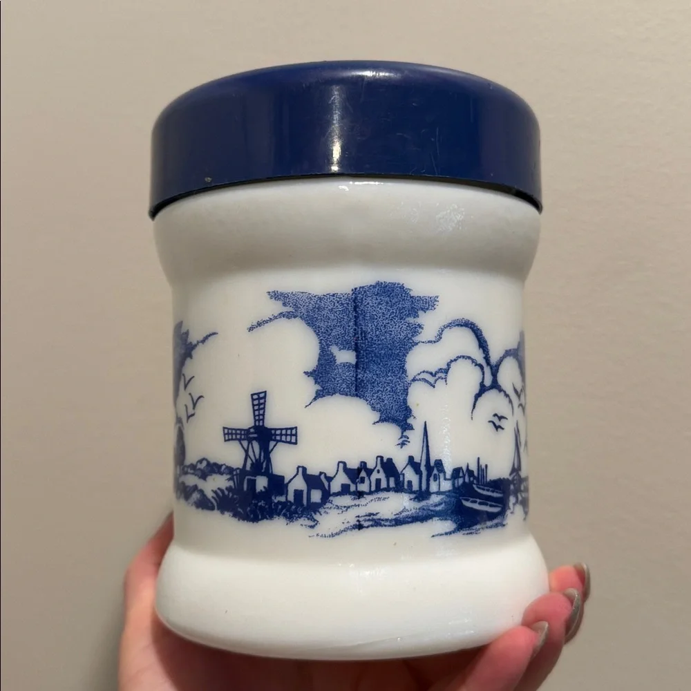 🫙 Vintage Holland Delft Blue Windmill Milk Glass Tobacco Humidor Canister